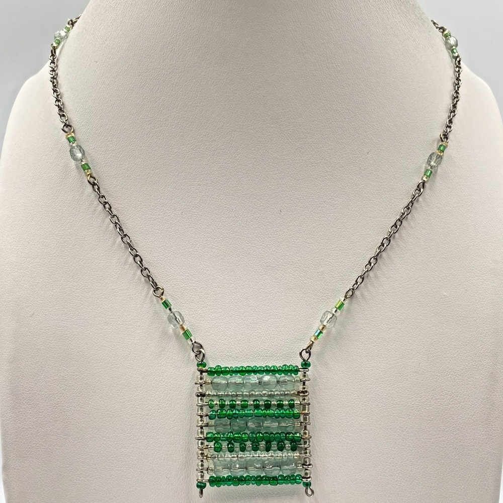 Vintage Y2K Green Glass Seed Bead Safety Pin Pendant Necklace Silver Tone Chain